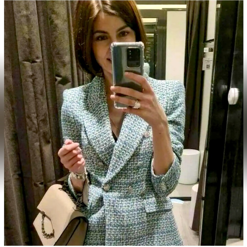 ZARA BUTTONED TEXTURED WEAVE BLAZER  GREE/BLUE SIZE S NEW - Picture 4 of 11
